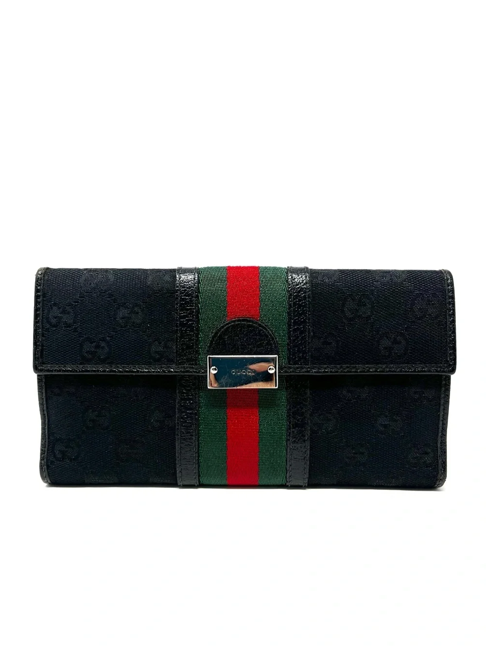 Authentic Gucci Black GG Logo Monogram Canvas Leather Long Bifold Card Wallet